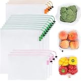 GOGOODA Mesh 3 Size Lightweight Washable and See Through Reusable Produce Bags with Drawstring, Toggle Tare Weights Colour Tag (3 Large, 9 Medium and 3 Small) -15 Pieces
