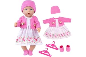 WanderGo Vestiti per bambole da 35 a 43 cm, 6 pezzi con cardigan rosa + gonna con motivo floreale + calzini + cappelli + 2 grucce per bambole da 14 a 18 pollici (senza bambola)