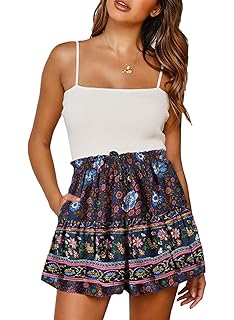 FIYOTE Women Summer Boho Floral Print A-line Elastic Waist Shorts