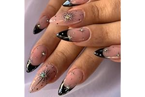 IRONBLOOMY 24Pcs Almond False Nails - Black Edge Press on Nails with 3D star - Fake Nails with Glue - Acrylic Full Cover Artificial Fake Nail for Women and Girls