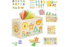 ALMAXI Juguetes Montessori 1 Años, 6 in 1 Montessori Madera Juguete de Caja de Pañuelos para Bebés con Juego de Pesca, Juguete Educativo para Niños de 1 2 3 Años Actividades de Motricidad Fina | Regalo Ideal