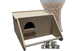 NESTQ Unzertrennliches Nest für Agapornis, groß, mit Ringen von 2025 und Späne für das Bett, Holzzuchthaus innen für Vögel, mit Haken für den Vogelkäfig, 23 cm x 27 cm x 14 cm