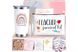 YONTINY Teacher Gifts for Women, Personalised Thank You Teacher Gifts Set Include 20oz Teachers Travel Mug, Makeup Bag, Maple Leaf Bookmarks, Keyrings, Socks, Greeting Card