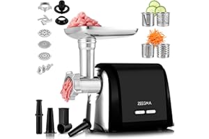 ZEEGMA Molen Chef maszynka do mielenia mięsa, moc 1900W, metalowa taca i obudowa, wydajność 1,8kg/min, 3 dyski, nakładka kebbe, szatkownica warzyw, pojemnik na akcesoria, trzy bębny tnące