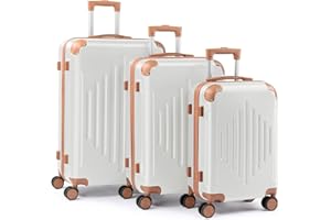 HOBBYZOO Suitcase Sets 3 Piece, Hardside ABS Lightweight Luggage Sets, Durable Trolley Travel Cabin Suitcase with Spinner Wheels & Inbuilt Locks for Business Trip, 20" 24" 28" - White & Brown
