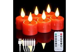 FREEPOWER 6er Rote LED Teelichter Wiederaufladbar mit Fernbedienung Timer Flackern Dimmbar Warmweiß Elektrische Kerzen Aufladbar mit USB Kabel, Halloween Weihnachten Familie Deko, Ø4 x 5.5cm