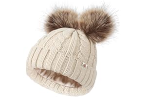Creekstone Bobble Hat Satin Lined Winter Beanie Hats for Women Girls Warm Knit Hats with Faux Fur Double Pom Pom Ears