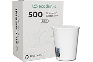 ecodrinks - 500 Bicchieri Carta Bianco da 240ml - Per Acqua, Cocktail, Bevande Calde e Fredde - Biodegradabili, Eco-friendly e Made in Italy