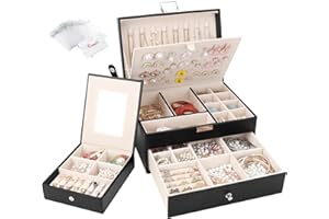 CASIWAFT Jewellery Box Organiser 2 Layers, Large PU Leather Jewelry Storage Case with Portable Travel Jewellery Case, Jewellery Organiser Holder for Rings Earrings Bracelets Necklaces, Black