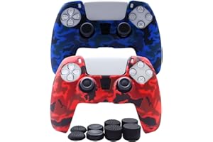 Hikfly Silicone Skin for PS5 Controller - Compatible Grips, Non-Slip Cover for PlayStation 5 - 2x Skins with 8 x Thumb Grip Caps (Blue,Red)
