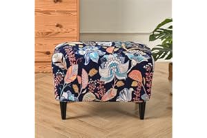 Highdi Luxury Floral Stretch Ottoman Rectangle Footstool Slipcover with Elastic Bottom, Removable Washable Pouffe Cover Footrest Stool Cover for Living Room Bedroom (Navy Blue)