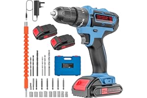 PONOSEU Cordless Drill Driver Set 21V, Electric Drill Cordless, Power Drill Cordless, Combi Drill Battery, 2 Batteries 2000mAh, 25+3 Torque, 2 Speed, LED Light for Home and Garden DIY Project