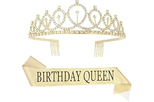 ISIYINER Cumpleaños Corona, Cristal Tiara Corona de Cumpleaños y Faja de Cumpleaños para Niñas Mujeres para Fiestas de Feliz cumpleaños Favores Decoraciones (Dorado)