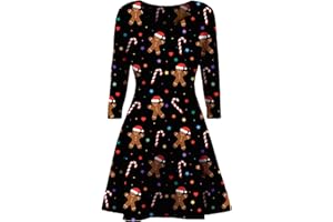 STAR FASHION Womens Christmas Party Dress Snowman Swing Dress Novelty Printed Skater Xmas Dress Secret Santa Gift US Size 4-22