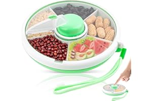 TNEDFOD Rotating Snack Box, Green Round Snack Box, Snack Plate with Lid, Portable Snack Plates with Compartments, Reusable Snack Dispenser for Outdoor, Families, Party Snack Container
