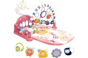 LN COZY CORNER Baby Play Mat Gym, 6-Mode Activity Mat with Kick-Activated Piano & Lights, with 5 Infant Sensory Baby Toys Extra Guardrail, Tummy Time Mat for Newborn Infants 0-12 Months (Pink)