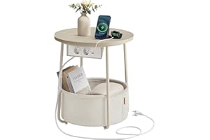 ‎VASAGLE VASAGLE Beistelltisch rund, Kleiner Tisch, Couchtisch mit Steckdose, Wohnzimmertisch, Korb aus Stoff, Stauraum für Wohnzimmer Schlafzimmer, Nachttisch modern, naturbeige-cremeweiß LET228LL01