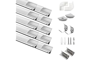 Efishine Pack of 10 LED Profiles Aluminium 10 x 1 m, V-Shape Aluminium Profiles with Milky Cover, End Caps and Mounting Bracket for Strips, Very Easy Installation