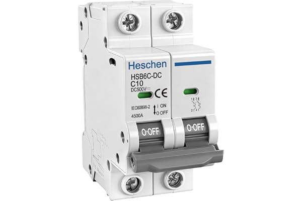 Heschen DC miniatyrkretsbrytare, HSB6C-DC, 2 poler, DC500V typ C 10A | Fotovoltaisk kretsbrytare, för solpaneler i solpaneler, 35 mm DIN-skenmontering