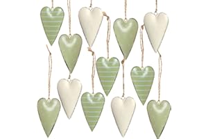 Logbuch-Verlag 12 corazones de metal para colgar, 7 cm, colgante de Pascua con cordón, verde, verde claro, blanco, decoración a rayas