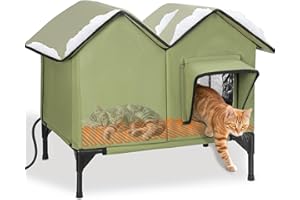 GDGZT Large Heated Outdoor Cat House Waterproof, Soft and Warm Elevated Winter House with Escape Doors and Heating Pad, Sturdy Insulated Outdoor Cat Shelter for Multiple Cats & Dogs, Green
