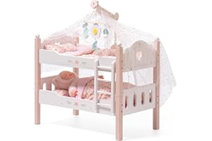 ROBOTIME Łóżko piętrowe dla lalek z drewna, łóżko dla lalek, łóżko z drabinką i pościelą, do dużych łóżek dla lalek o średnicy 18 cali, idealne akcesorium dla lalek, prezent dla dzieci (różowe)