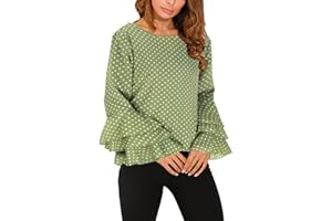 PAIDAXING Camisas para mujer, elegante blusa de lunares con volantes, cuello redondo, manga larga, casual, primavera, verano, camisetas elegantes para oficina, trabajo, negocios