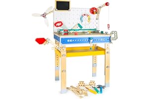 leomark Banco de Herramientas para niños 117pcs, Banco de Trabajo con amplios Acc. y Juego de Tornillosmesa de Herramientas realistas, Juguete de Madera, grúa, Excavadora, Molino de Viento, excavador