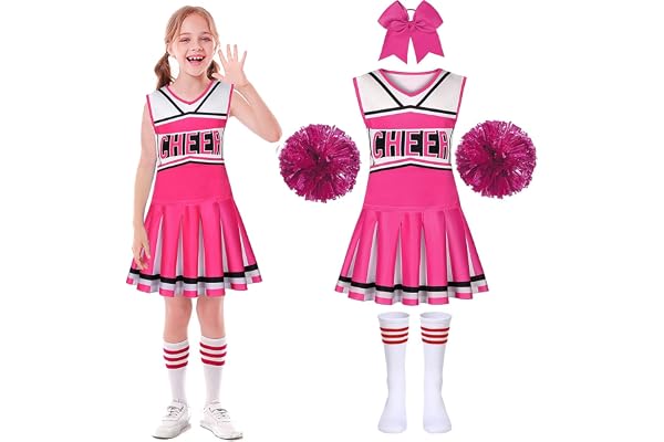 Déguisement Pompom Girl Uniforme de Pompom Girl Fille Costume de Pom-Pom Girl avec Pom Poms Chaussettes Deguisement Cheerleader pour Halloween Carnaval Mascarade, 4-14 ans
