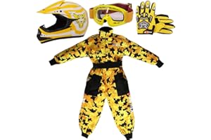 Zorax Yellow CAMO XL(11-12 Years) Kids Suit & Gloves XL(8cm) & Goggles & Zorax XL (55-56cm) ZOR-X17 Kids Motocross Helmet ECE 2206, Children Motorbike Motorcycle Helmet Set