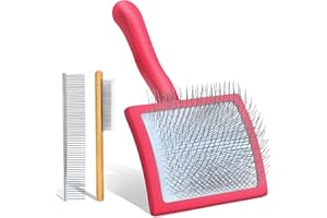 COZYGIFT Dog Slicker Brush for Medium or Long Haired Dogs, Long Pin Slicker Brush for Removes Loose Hair, Tangles and Knots, Best Grooming Tools for Small Animals, Large, Free Pet Comb, Red