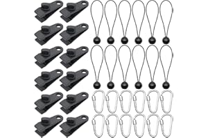 JTOOYS 36x Clips de Lona, Toldos Accesorios Set Clips de Lona, 12 Clip de Tienda Abrazadera de Tornillo Pulgar, 12 Tensores Elasticos con Bola y 12 Mosquetón para Toldos de Caravanas, Acampar al Aire Libre