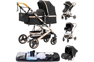 YAZOCO carrito bebe 3 en 1, Cochecito de Bebé Combinado Compacto Todoterreno Lujoso Paisaje Alto Cuatro Veces 0-36 Kg Sillas de paseo BastóN Plegable Accesorios CóModos (2 Negro)