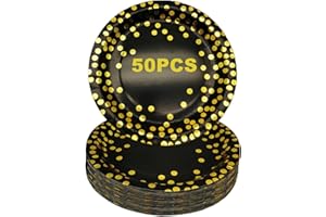 Ceiliwen, Confezione da 50 piatti per feste di colore oro e nero, 17,8 cm, piatti di carta monouso, forniture per feste, decorazioni per compleanno, confezione da 50