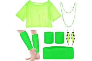 BLUHEN Tenue des années 80 et 90 - Haut en maille pour femme - Accessoires 80 ans - Ensemble d'accessoires de costume fluo - Bandeau - Bandeau - Boucles d'oreilles - Chauffe-jambes - Collier pour fête
