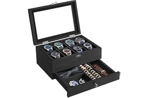 SONGMICS Watch Box with 8 Slots, 2-Tier Wood Watch Case with Large Glass Lid, Watch Pillows, Velvet Lining, Jewellery Box, Gift for Loved Ones, Ink Black JOW008B02
