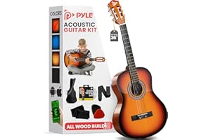 Pyle Guitare acoustique classique 91,44cm pour débutant–Guitare 3/4 junior en bois de tilleul avec 6 cordes en nylon, housse, accordeur, médiators, sangle, pour les débutants et les adultes, SunBurst