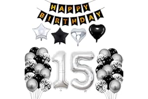 BOMICLSS 15th Birthday Decorations for Boys Girls Black Silver Happy Birthday Balloons Supplies 15 Birthday Party Set with 15 Sliver Number Balloons Happy Birthday Banner and Foil Star Balloons (15th-birthday)