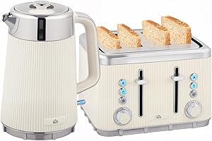 HOMCOM Electric Stainless Steel Kettle and Toaster Set, 3000W 1.7L UK Strix Thermostat Fast Boil Kettle w/Limescale Filter, Cool Touch Body, 4 Slice Toaster with 7 Browning Levels, Crumb Tray, Cream