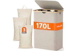 Lifewit 170L Cesto Portabiancheria con 3 Scomparti e 3 Sacchi, Grande Cesta Portabiancheria Pieghevole in Bambùcon Coperchio per Camera da Letto, Bagno, Lavanderia, Beige