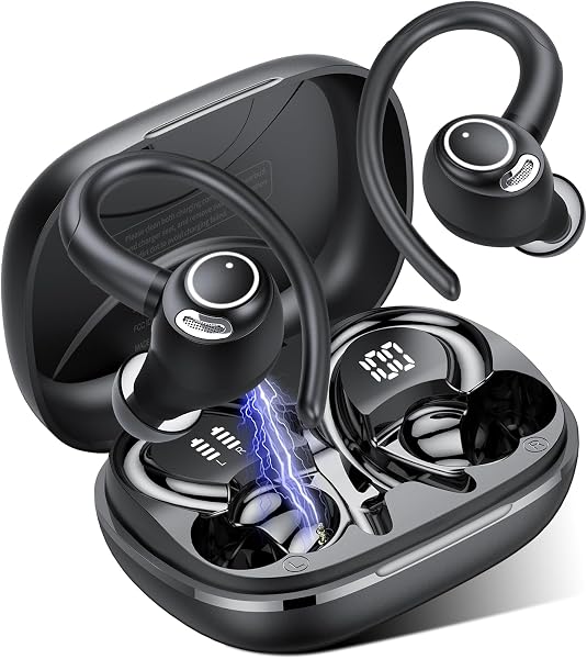 Jesebang Wireless Earbuds, Bluetooth 5.3 Headphones, 2024 Wireless Earphones HiFi Stereo Sound with ENC Mic, Sport Headsets in Ear EarHooks for Running, 40H Dual LED Display, IP7, Black - 1