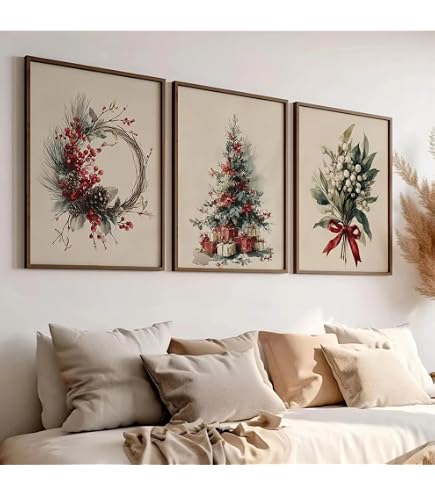6Pcs Rouge Blanc Noël Impression Murale Sur Toile - Arbre De Noël Et Élan 20x25cm