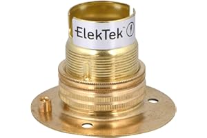 ElekTek Brass B22 Batten 52mm Base BC Bayonet Cap Lamp Holder with Shade Ring, NOT for BESA Conduit Box - Made in UK