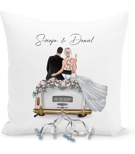 Personalisierbares Hochzeitskissen 40x40 Cm – Mit Camping-Bus Motiv, Aus Baumwolle, Ohne Füllung