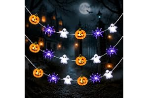 NATASA Halloweendekoration, ljusslinga, 3 m, 30 LED, pumpa spindlar, spöke, halloween, ljusslinga, batteri med timer, för temafest, karneval, veranda, fönster