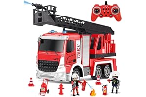 PATEMZON Feuerwehr Spielzeugauto, 2,4G Drehleiter Feuerwehr, Feuerwehrmann Spielzeug mit 83 cm Leiter, Spritzfunktion, LED Signallichtern, Puppen-Zubehör, Geschenke für ab 3 Jahren Jungen Mädchen