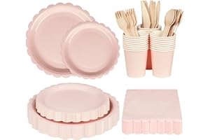 Anstore Pink 25 Guests Sustainable Party Tableware, 200 Pcs Paper Plates & Cutlery Set, Reusable Durable Tableware Including Napkins, Knives, Spoons, Paper Cups & Plates for Parties Birthday Wedding