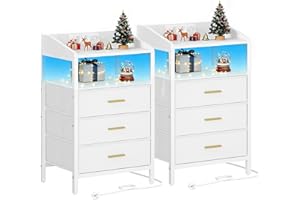 ‎HZUANERI Hzuaneri Nachttisch 2er Set, mit LED-Leuchten und Ladestation, Beistelltisch mit 3 Stoff-Schubladen und Regalen, mit USB-Anschlüssen & Steckdosen, für Schlafzimmer, Wohnzimmer, Weiß NS35513W