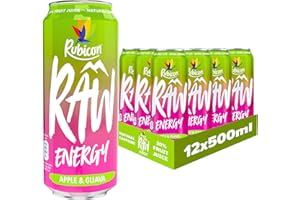 Rubicon RAW 12 Pack Apple & Guava 500ml Energy Drink, 20% Real Fruit Juice, High caffeine with B-Vitamins, Ginseng & Guarana, No Artificial Colours or Flavours, Reduce Tiredness & Boost Energy