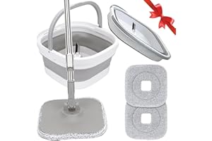 Sgizoku Juego de fregonas con cubo plegable, fregona giratoria de 360 grados con prensa, lavado y secado, con 2 alfombrillas reutilizables de microfibra para todo tipo de suelos